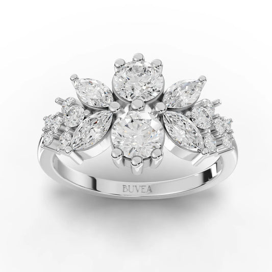 1.5CT Marquise Round Lab Diamond Premium Floral Engagement Ring - Buvea Jewels