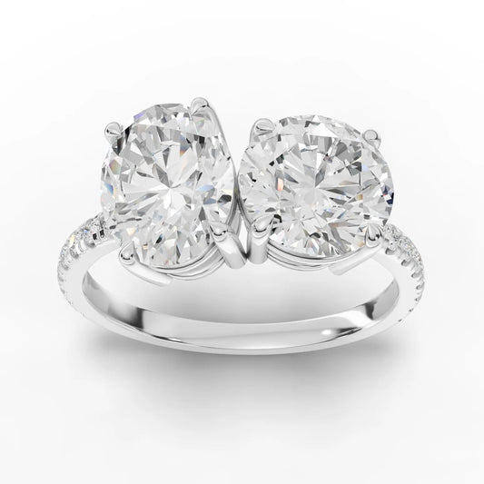 3.19CT Round Oval Lab Diamond Two Stone Accent Engagement Ring - Buvea Jewels