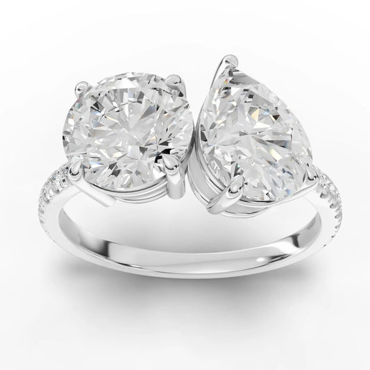 3.19CT Round Pear Lab Diamond Two Stone Accent Engagement Ring - Buvea Jewels