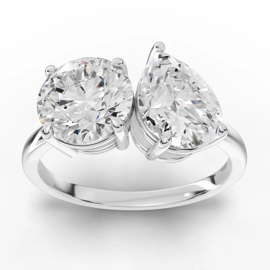 3CT Round Pear Lab Diamond Two Stone Engagement Ring - Buvea Jewels